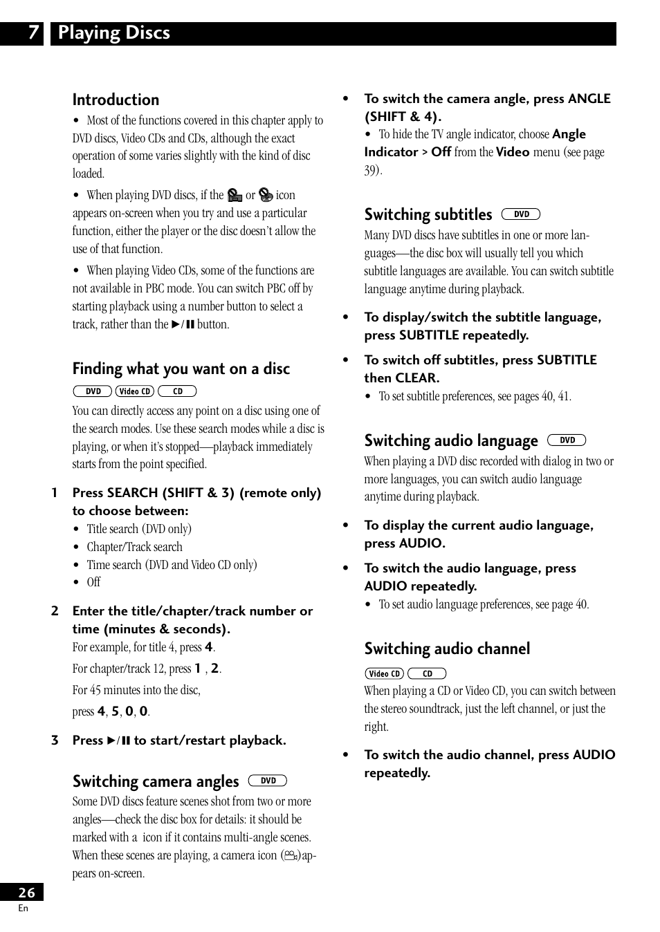 7 playing discs, Introduction, Finding what you want on a disc | Switching camera angles, Switching subtitles, Switching audio language, Switching audio channel, Playing discs 7 | Pioneer S-HTD50 User Manual | Page 26 / 52