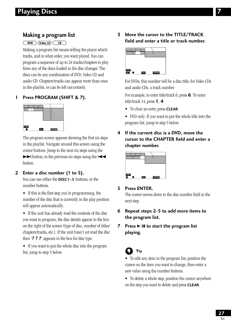 Making a program list, 7playing discs, Disc1–5 | Clear | Pioneer S-HTD50 User Manual | Page 27 / 52