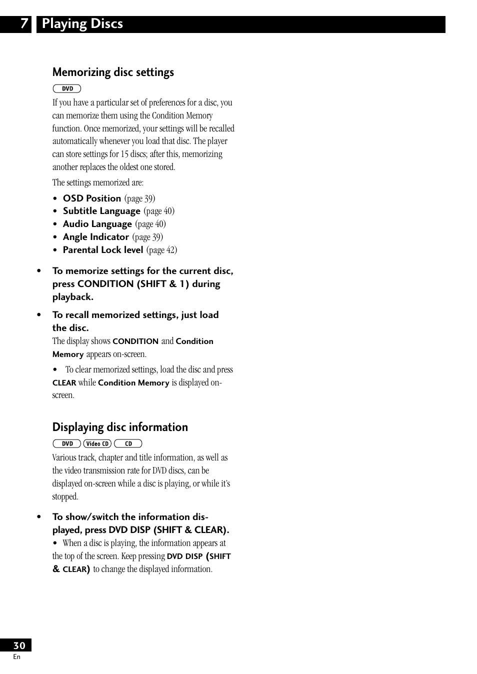 Memorizing disc settings, Displaying disc information, Playing discs 7 | Pioneer S-HTD50 User Manual | Page 30 / 52
