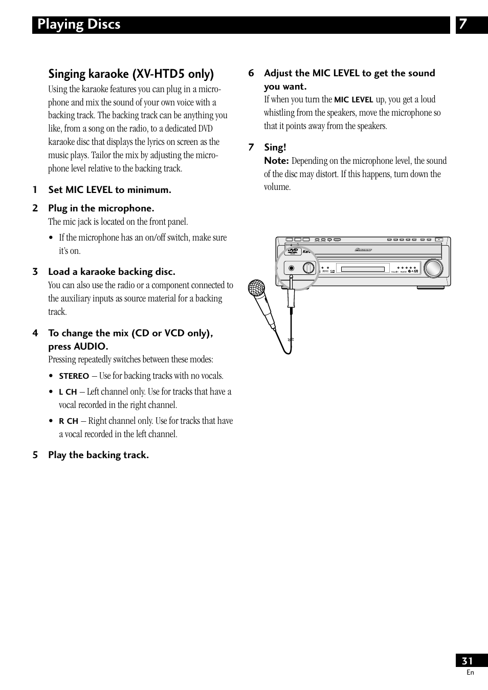 Singing karaoke (xv-htd5 only), 7playing discs, Use for backing tracks with no vocals | Pioneer S-HTD50 User Manual | Page 31 / 52