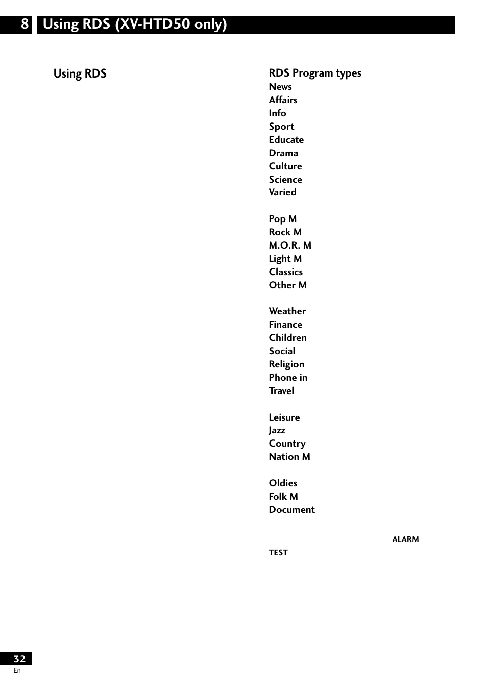 8 using rds, Xv-htd50, Only) | Using rds, Rds program types, Using rds (xv-htd50 only) 8 | Pioneer S-HTD50 User Manual | Page 32 / 52
