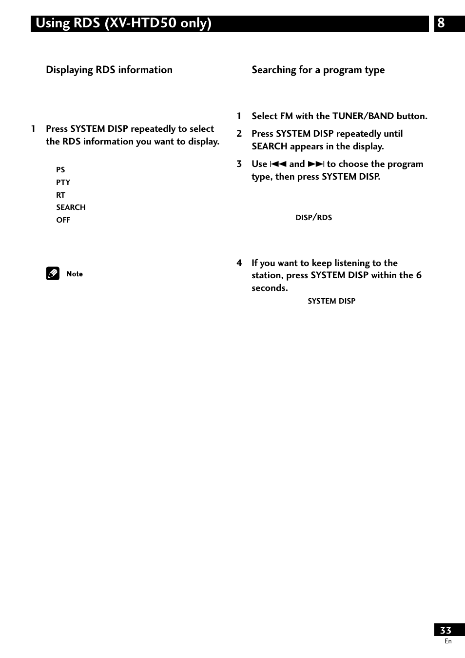 Displaying rds information, Searching for a program type, 8using rds (xv-htd50 only) | Pioneer S-HTD50 User Manual | Page 33 / 52