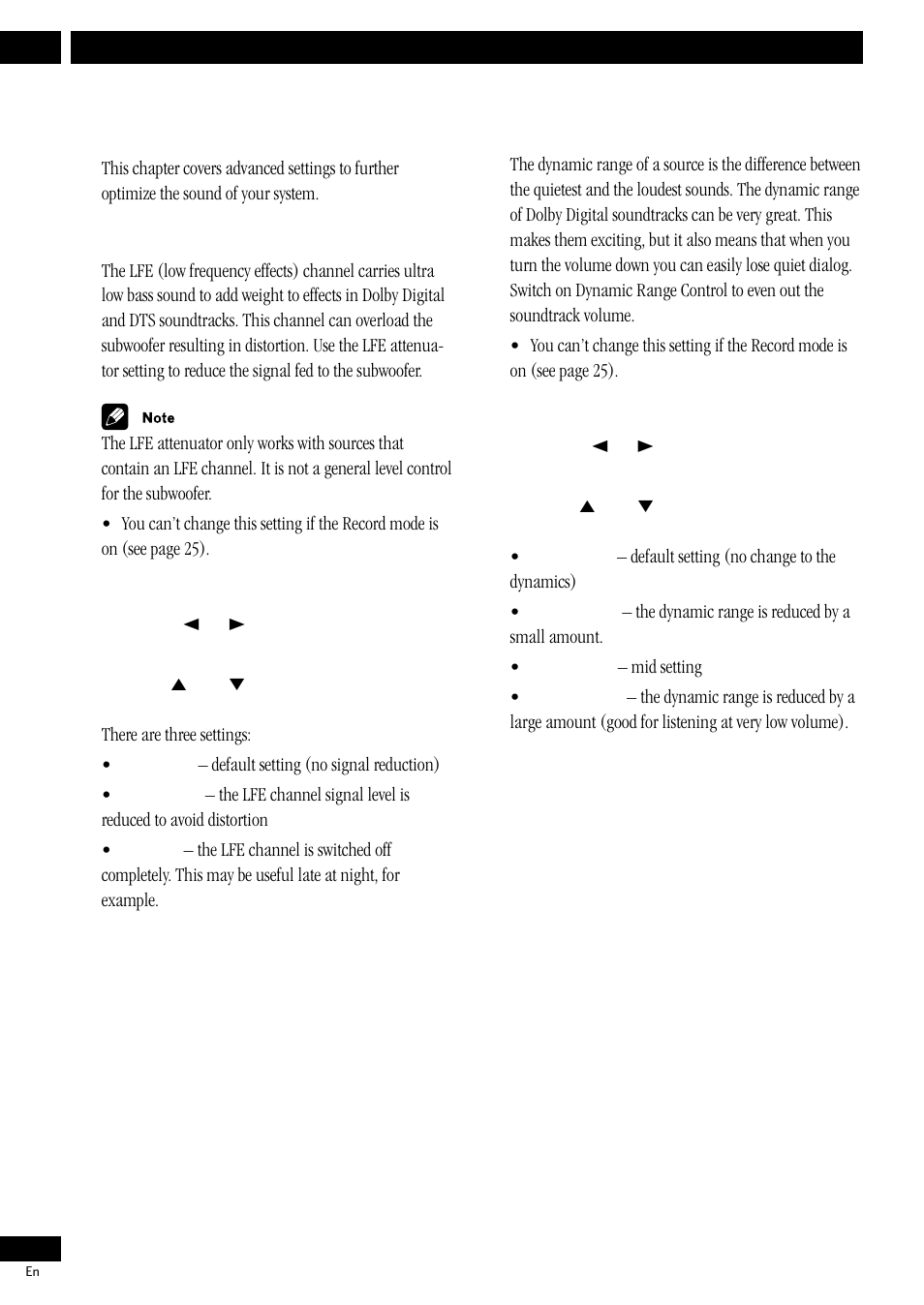 10 advanced sound setup, Advanced sound settings, Lfe attenuator | Dynamic range control, Advanced sound setup 10 | Pioneer S-HTD50 User Manual | Page 36 / 52