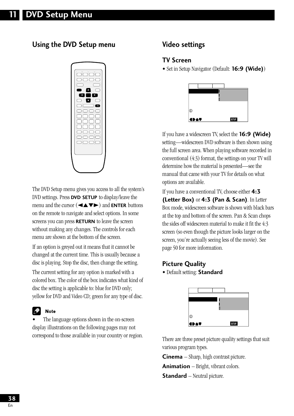11 dvd setup menu, Using the dvd setup menu, Video settings | Tv screen, Picture quality, Dvd setup menu 11, Set in setup navigator (default: 16:9 (wide) ), Default setting: standard | Pioneer S-HTD50 User Manual | Page 38 / 52