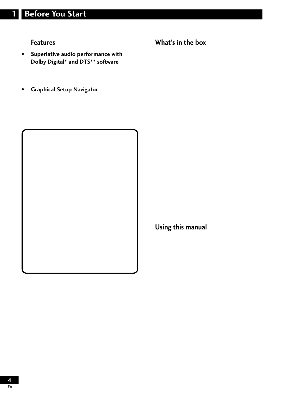 Before you start 1, Features, What’s in the box | Using this manual | Pioneer S-HTD50 User Manual | Page 4 / 52