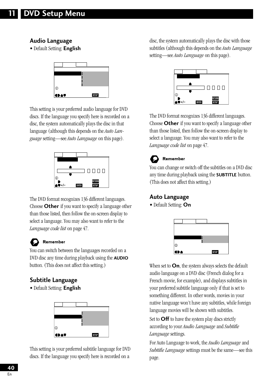 Audio language, Subtitle language, Auto language | Dvd setup menu 11, Default setting: english, Button. (this does not affect this setting.), Default setting: on | Pioneer S-HTD50 User Manual | Page 40 / 52