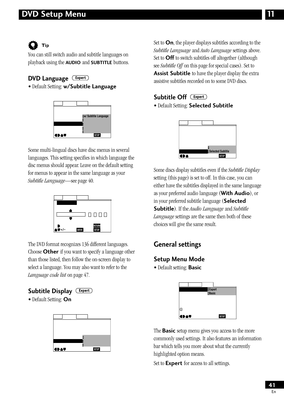 Dvd language, Subtitle display, Subtitle off | General settings, Setup menu mode, 11 dvd setup menu, Default setting: basic, Default setting: selected subtitle, Buttons, Default setting: w/subtitle language | Pioneer S-HTD50 User Manual | Page 41 / 52