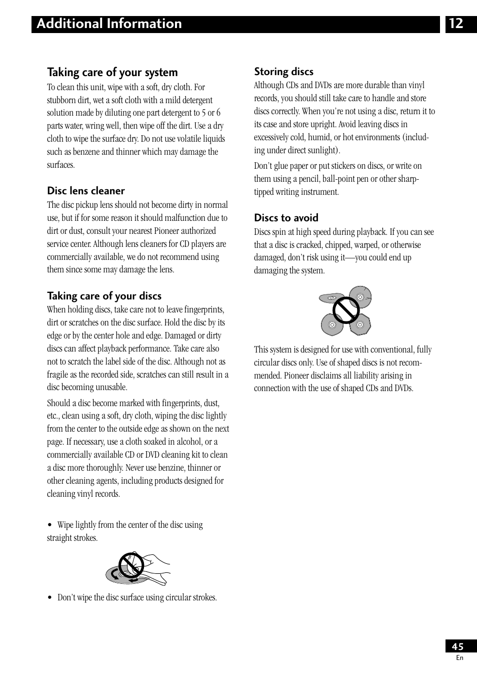 Taking care of your system, Disc lens cleaner, Taking care of your discs | Storing discs, Discs to avoid, 12 additional information | Pioneer S-HTD50 User Manual | Page 45 / 52