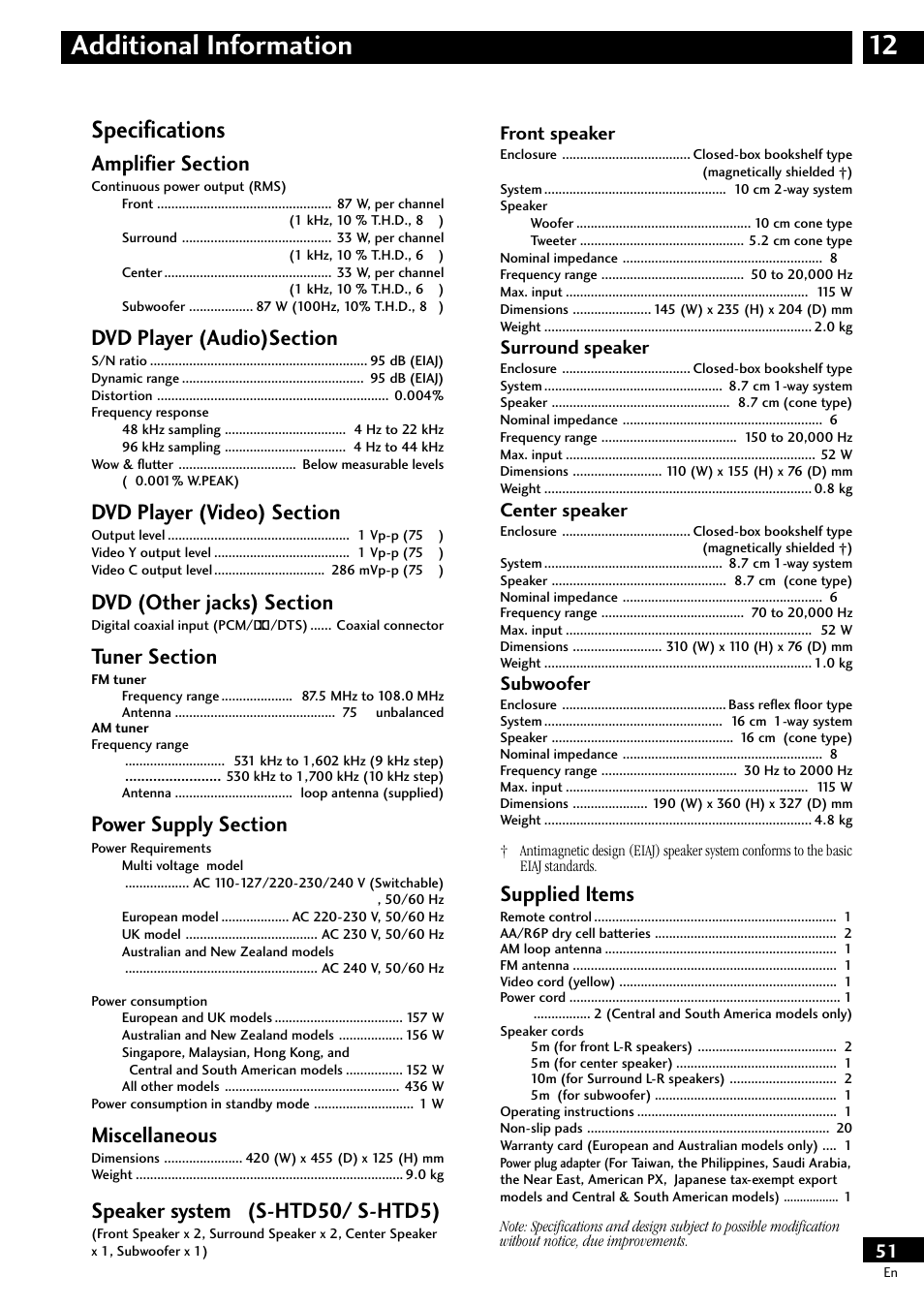 Specifications, 12 additional information, Supplied items | Miscellaneous, Speaker system (s-htd50/ s-htd5), Front speaker, Surround speaker, Center speaker, Subwoofer | Pioneer S-HTD50 User Manual | Page 51 / 52