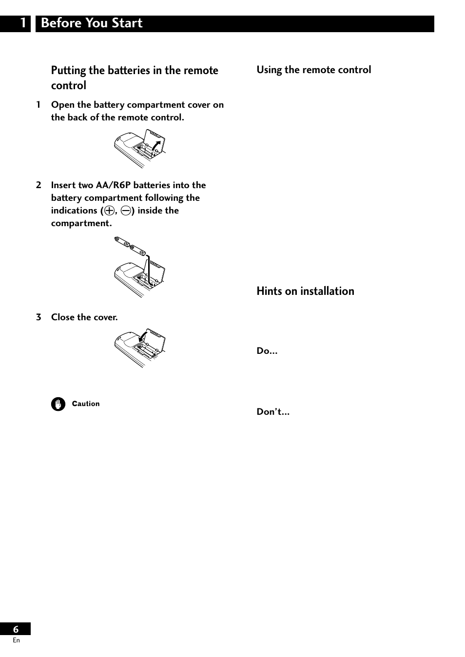 Putting the batteries in, The remote control, Using the remote control | Hints on installation, Before you start 1, Putting the batteries in the remote control | Pioneer S-HTD50 User Manual | Page 6 / 52