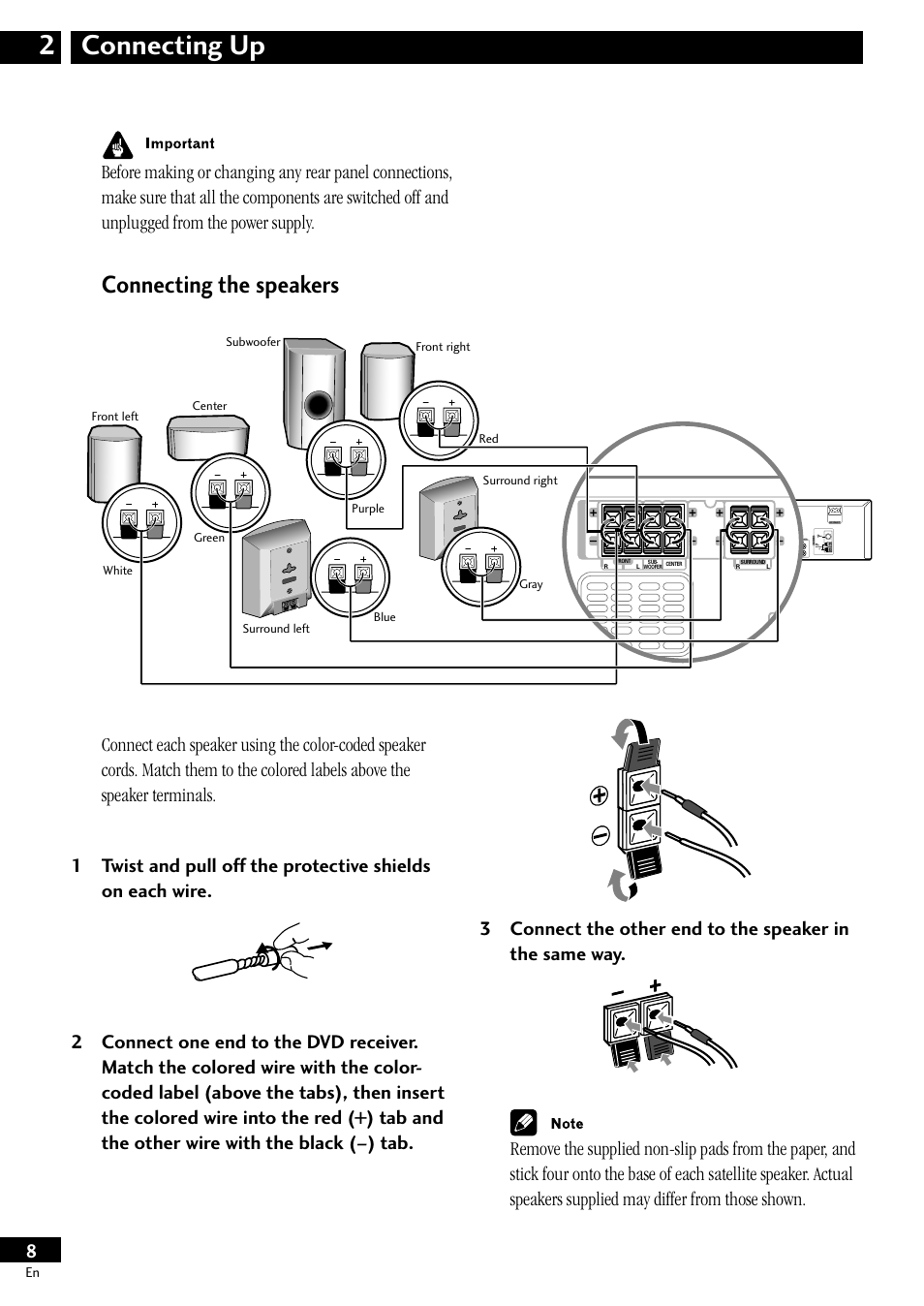 2 connecting up, Connecting the speakers, Connecting up 2 | Pioneer S-HTD50 User Manual | Page 8 / 52