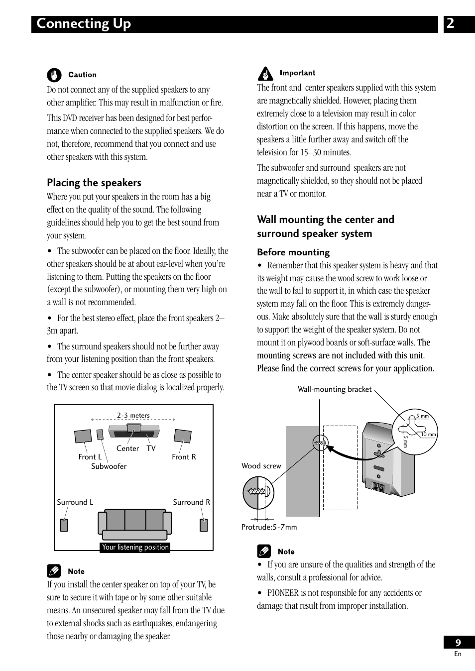 Placing the speakers, Wall mounting the center and, Surround speaker system | 2connecting up | Pioneer S-HTD50 User Manual | Page 9 / 52