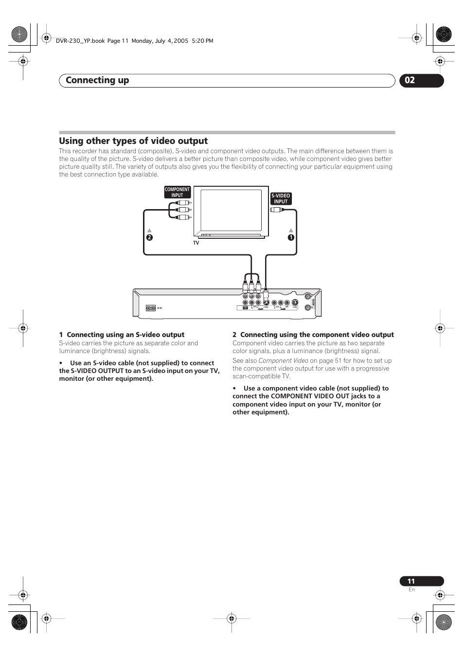 Using other types of video output, Connecting up 02, 1 connecting using an s-video output | 2 connecting using the component video output, Component video | Pioneer DVR-230-S User Manual | Page 11 / 72