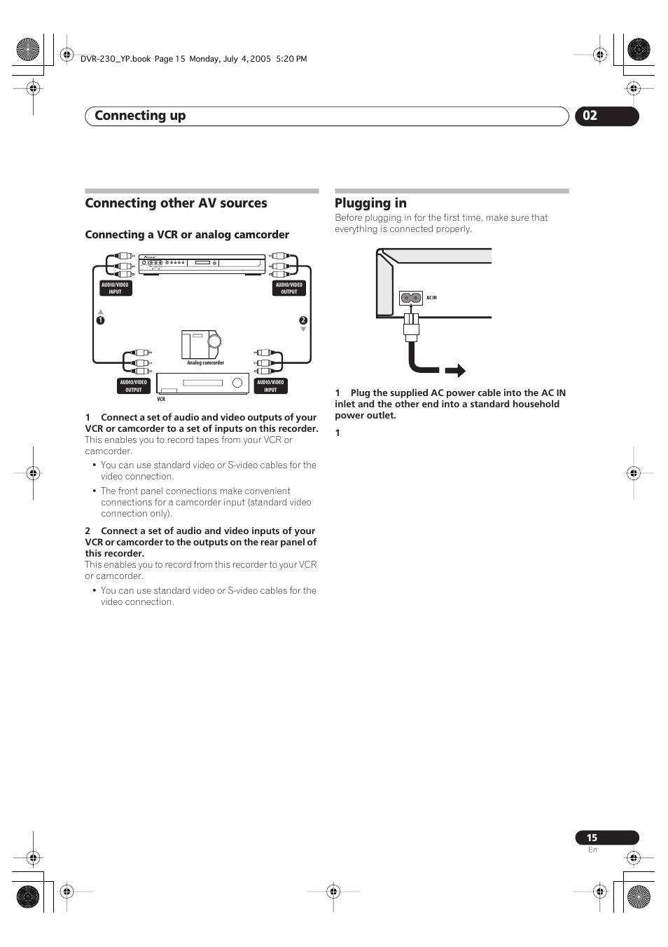 Connecting other av sources, Plugging in, Connecting up 02 | Pioneer DVR-230-S User Manual | Page 15 / 72