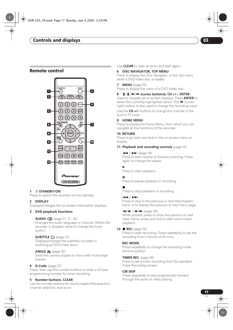 Remote control, Controls and displays 03 | Pioneer DVR-230-S User Manual | Page 17 / 72