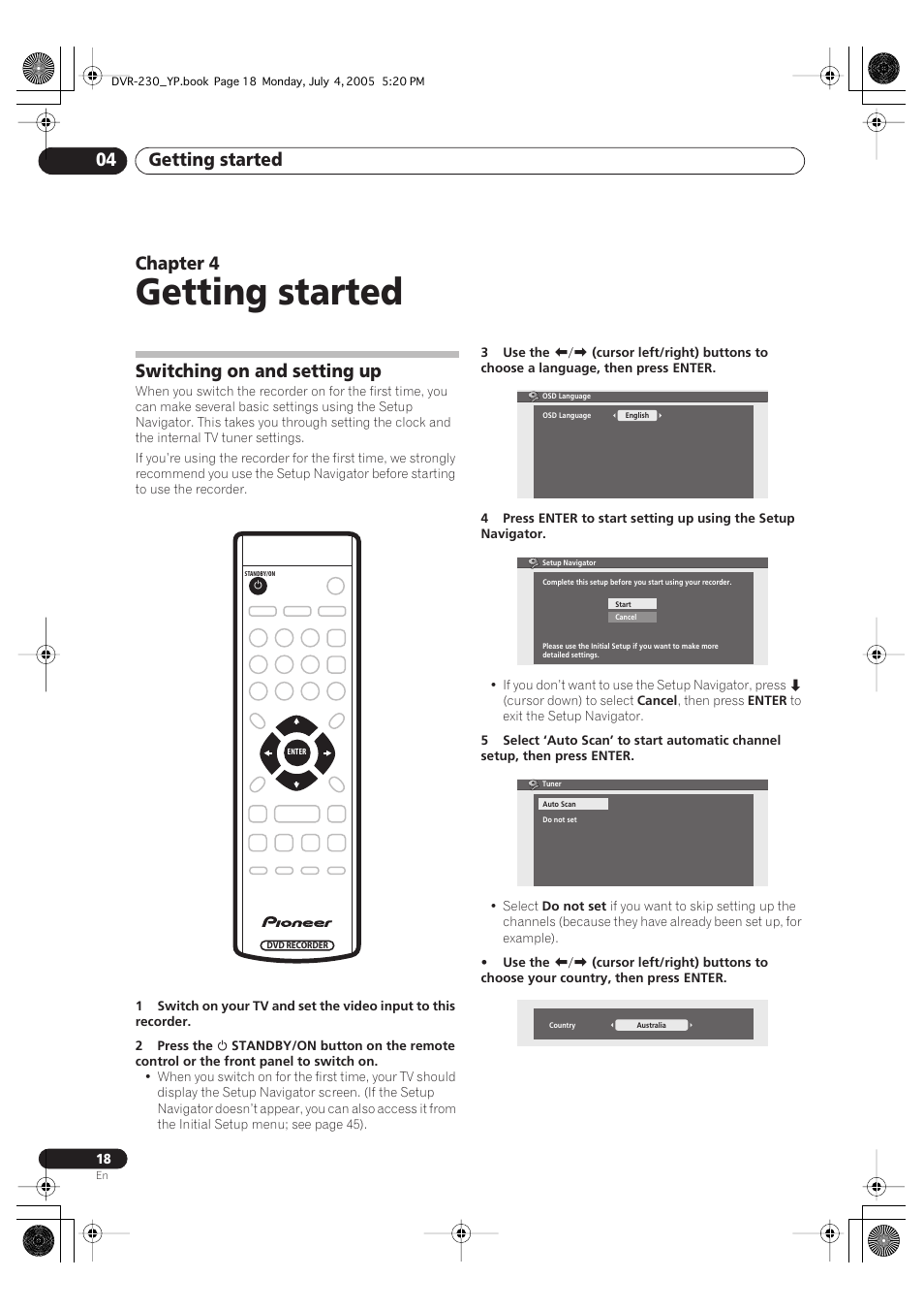 04 getting started, Switching on and setting up, Getting started | Getting started 04, Chapter 4 | Pioneer DVR-230-S User Manual | Page 18 / 72