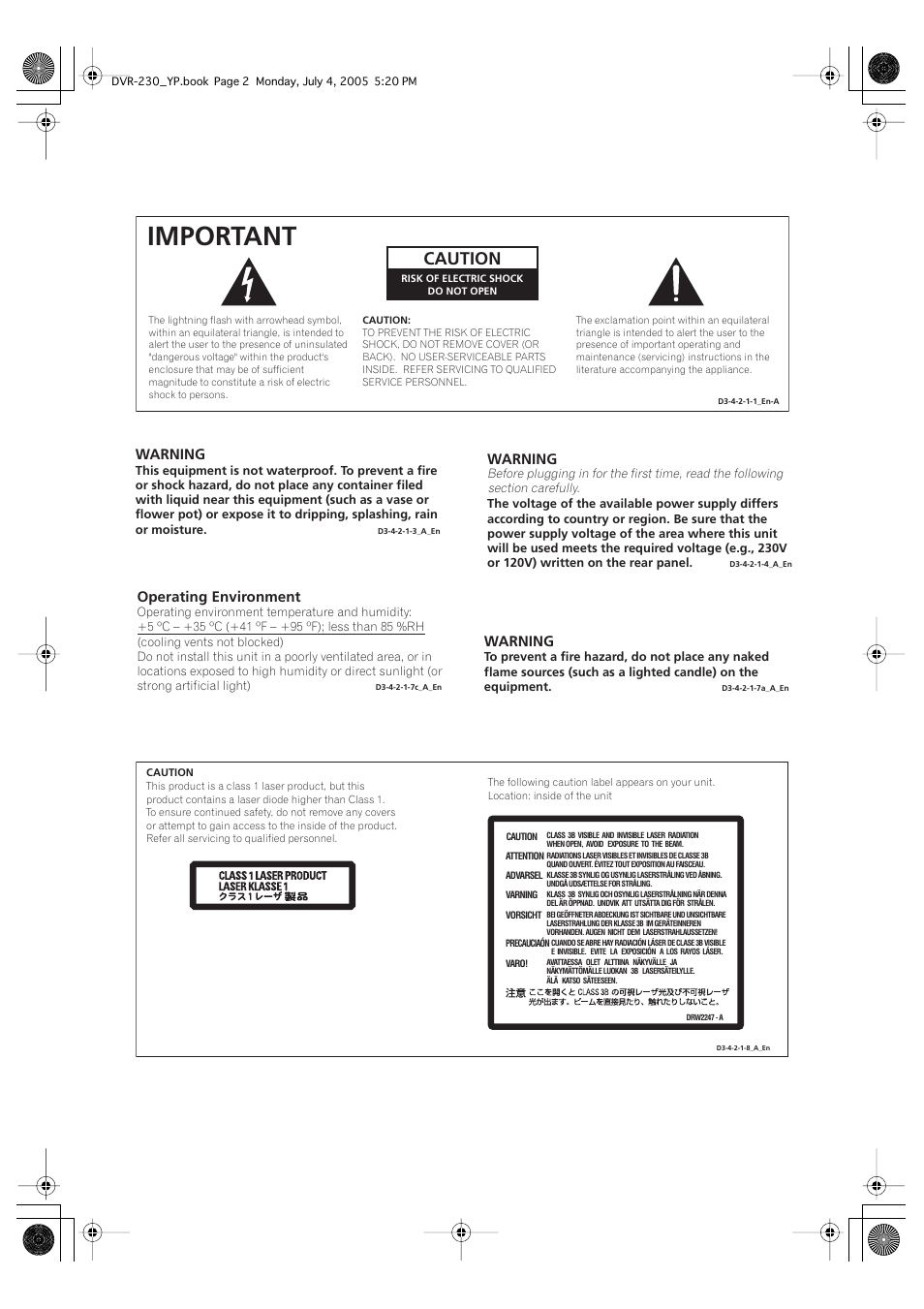 Important, Caution, Warning | Operating environment | Pioneer DVR-230-S User Manual | Page 2 / 72