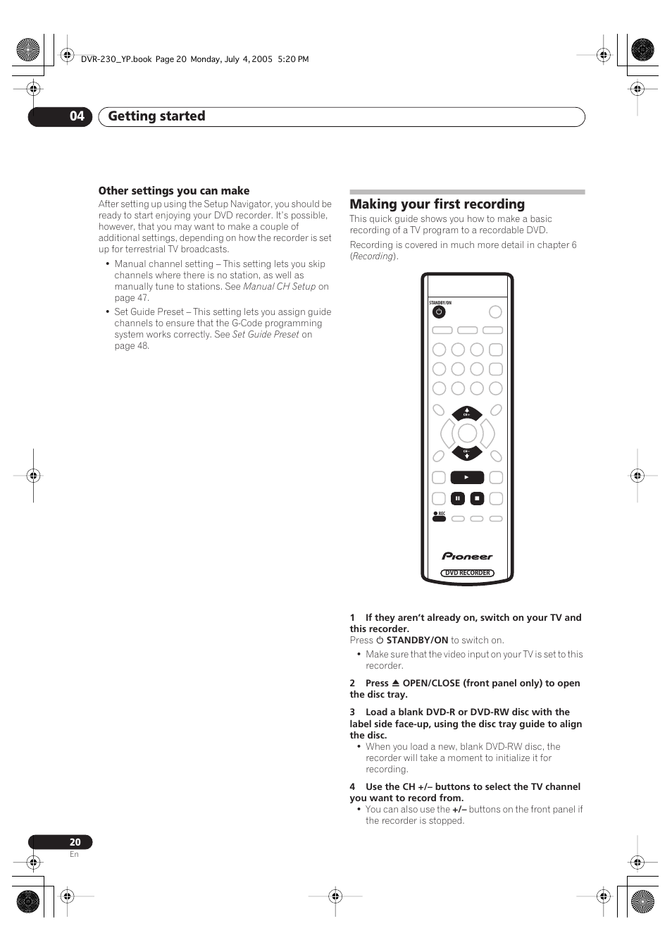 Making your first recording, Getting started 04 | Pioneer DVR-230-S User Manual | Page 20 / 72