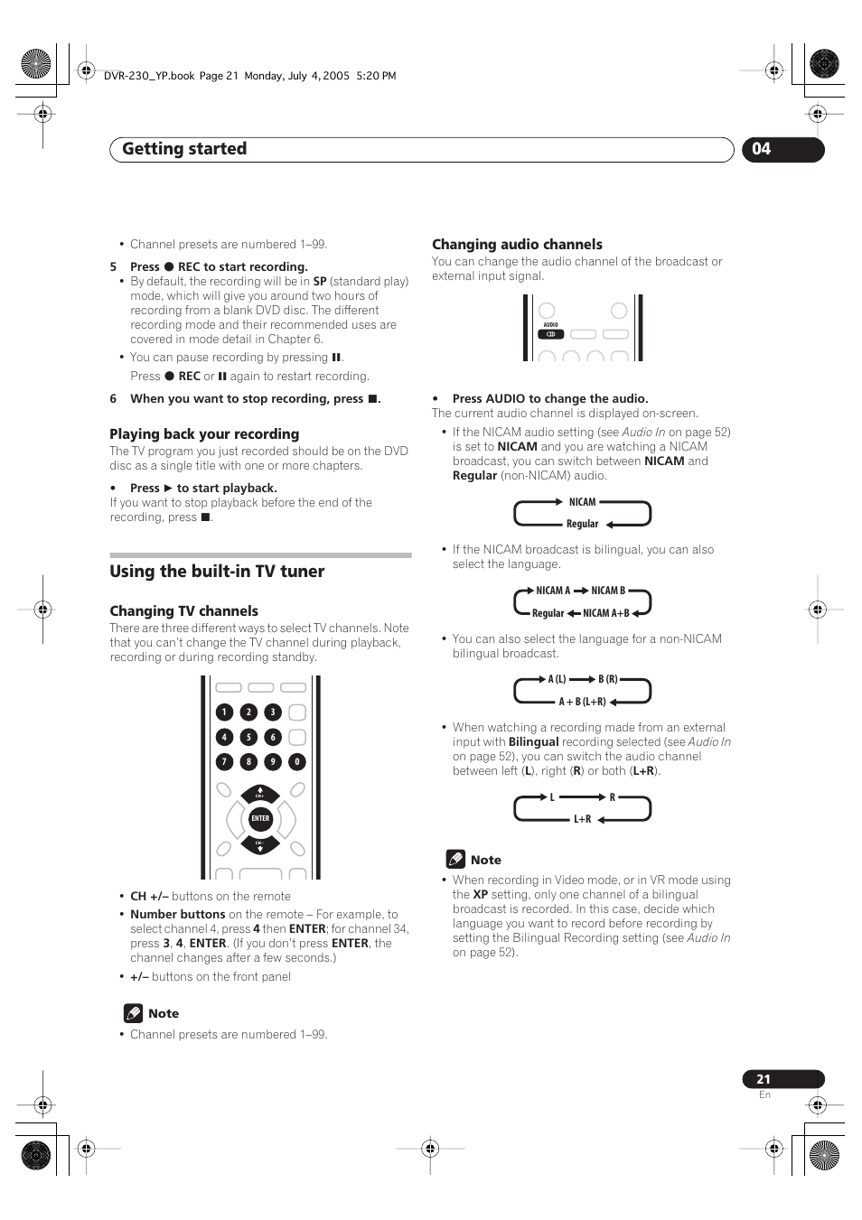 Using the built-in tv tuner, Getting started 04 | Pioneer DVR-230-S User Manual | Page 21 / 72