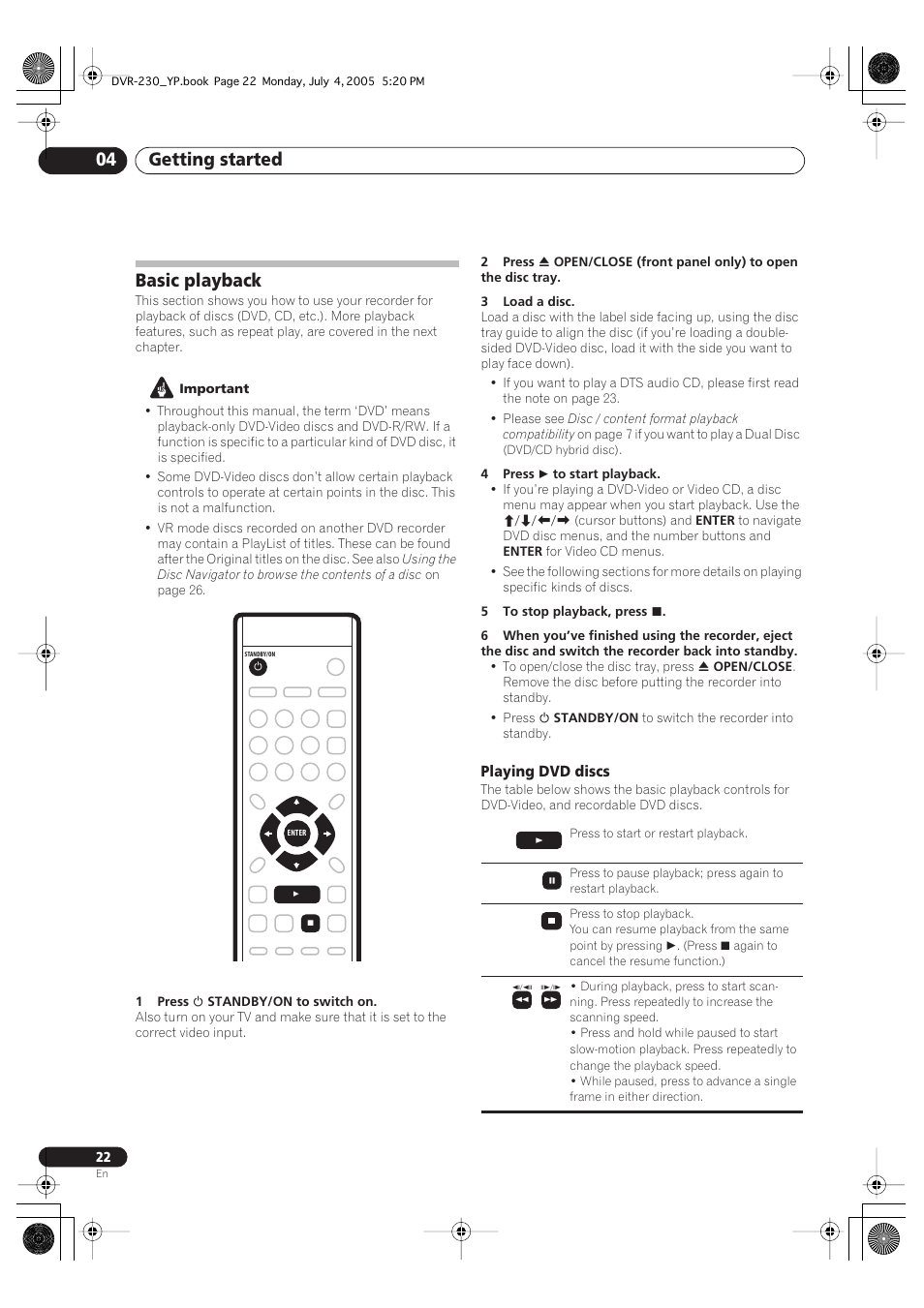 Basic playback, Getting started 04 | Pioneer DVR-230-S User Manual | Page 22 / 72