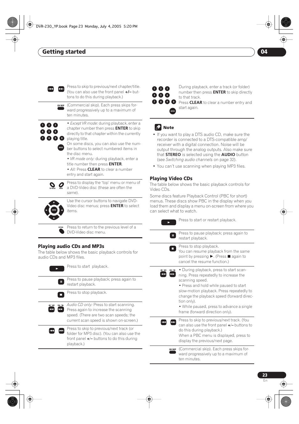 Getting started 04, Playing audio cds and mp3s, Playing video cds | Pioneer DVR-230-S User Manual | Page 23 / 72