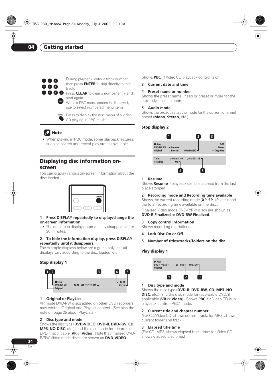 Displaying disc information on-screen, Getting started 04, Displaying disc information on- screen | Pioneer DVR-230-S User Manual | Page 24 / 72