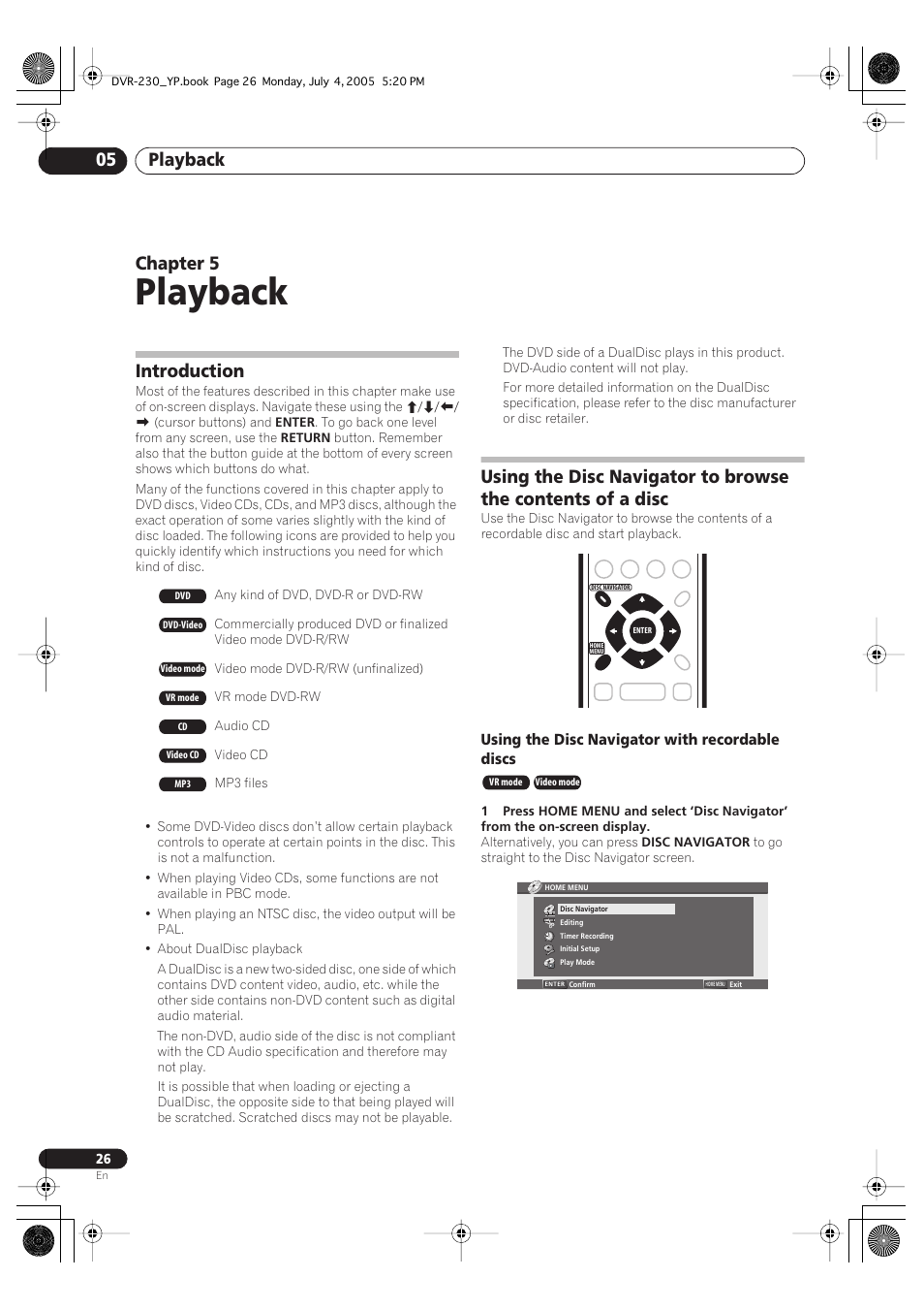 05 playback, Introduction, Playback | Playback 05, Chapter 5 | Pioneer DVR-230-S User Manual | Page 26 / 72
