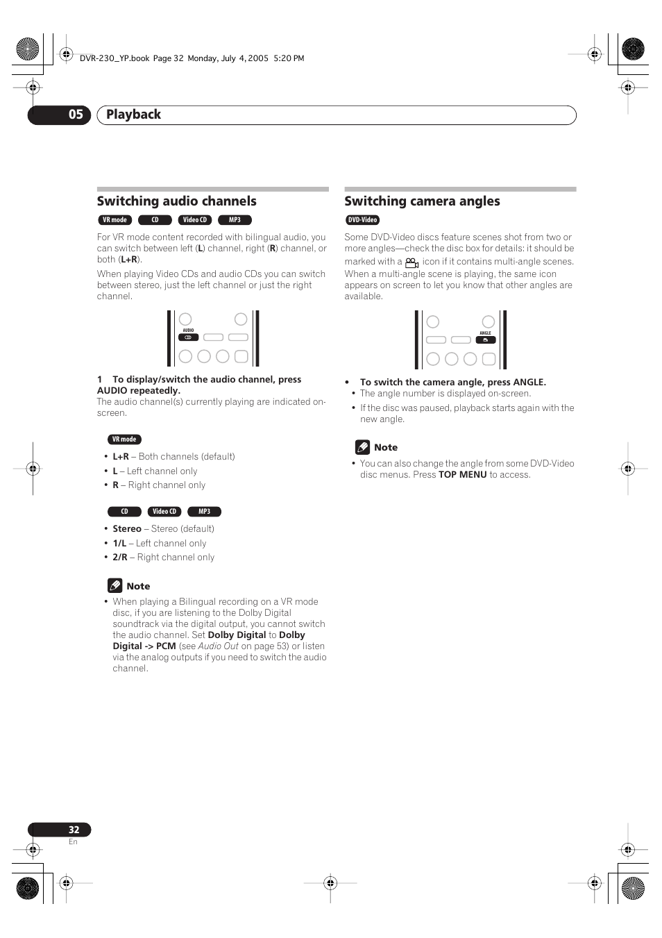 Switching audio channels, Switching camera angles, Playback 05 | Pioneer DVR-230-S User Manual | Page 32 / 72