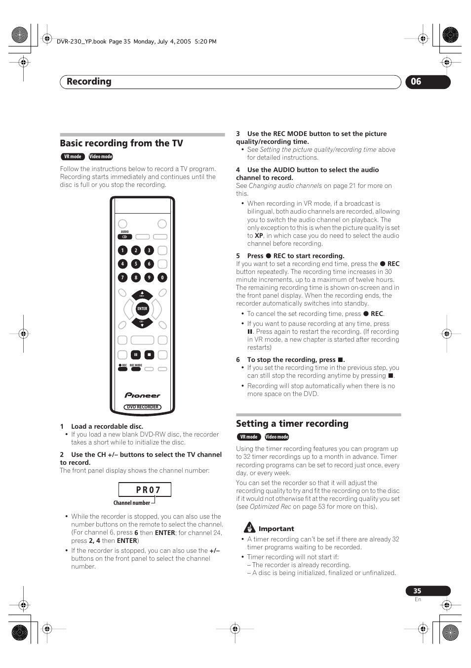 Basic recording from the tv, Setting a timer recording, Recording 06 | P r 0 7 | Pioneer DVR-230-S User Manual | Page 35 / 72