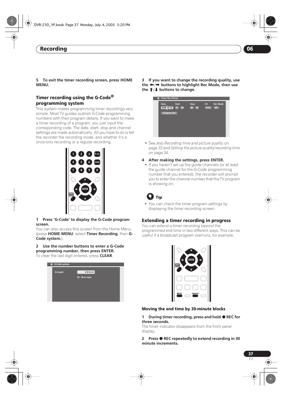Recording 06, Timer recording using the g-code, Programming system | Extending a timer recording in progress | Pioneer DVR-230-S User Manual | Page 37 / 72