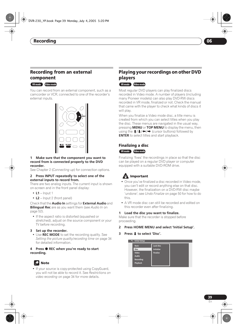 Recording from an external component, Playing your recordings on other dvd players, Recording 06 | Pioneer DVR-230-S User Manual | Page 39 / 72