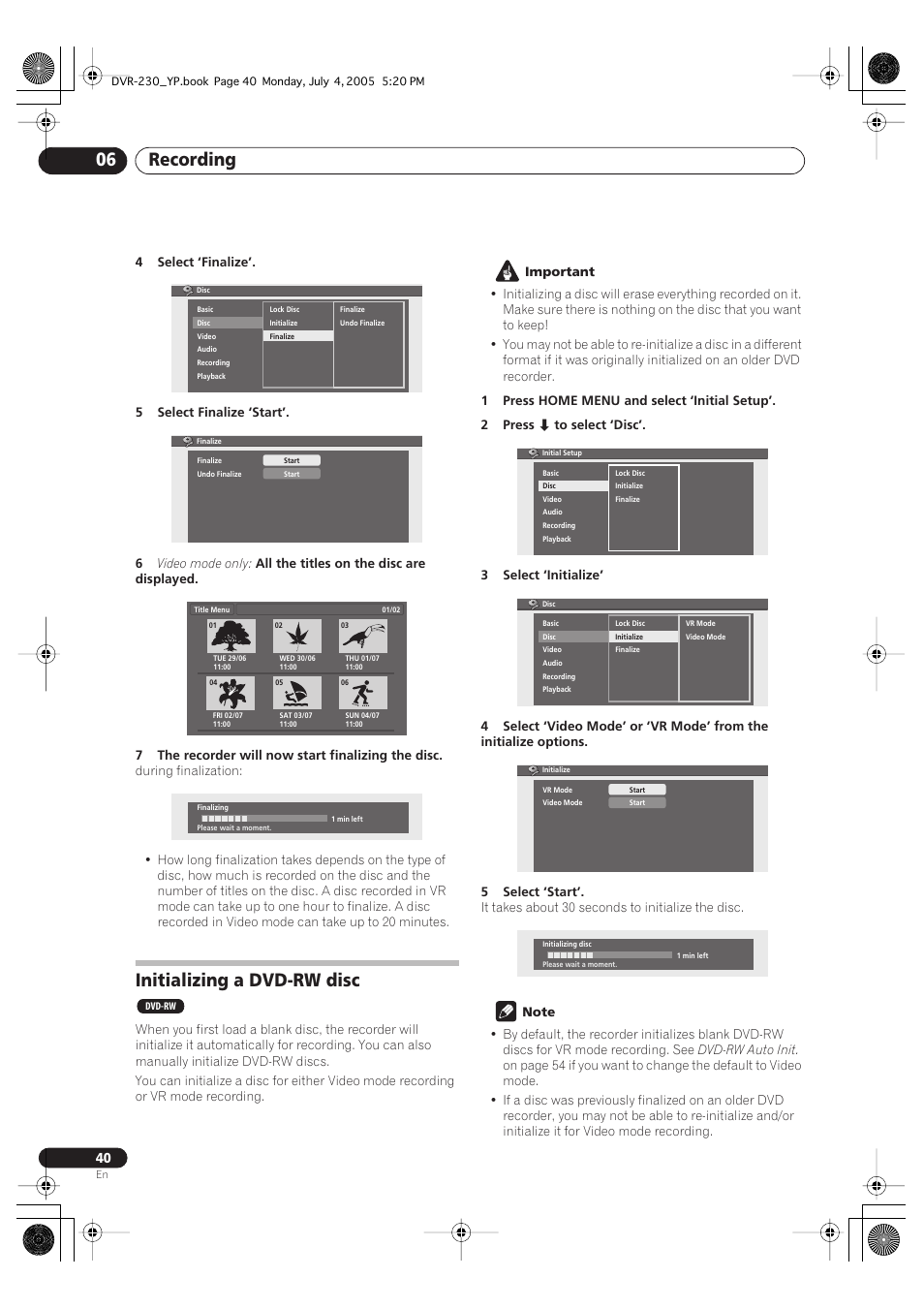 Initializing a dvd-rw disc, Recording 06 | Pioneer DVR-230-S User Manual | Page 40 / 72