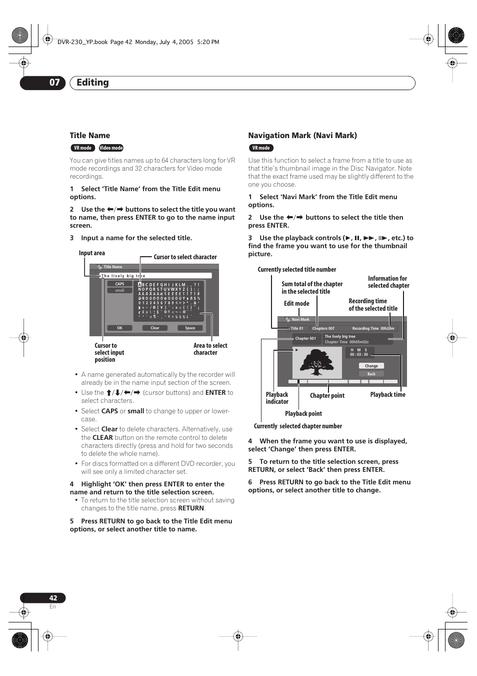 Editing 07, Title name, Navigation mark (navi mark) | Pioneer DVR-230-S User Manual | Page 42 / 72