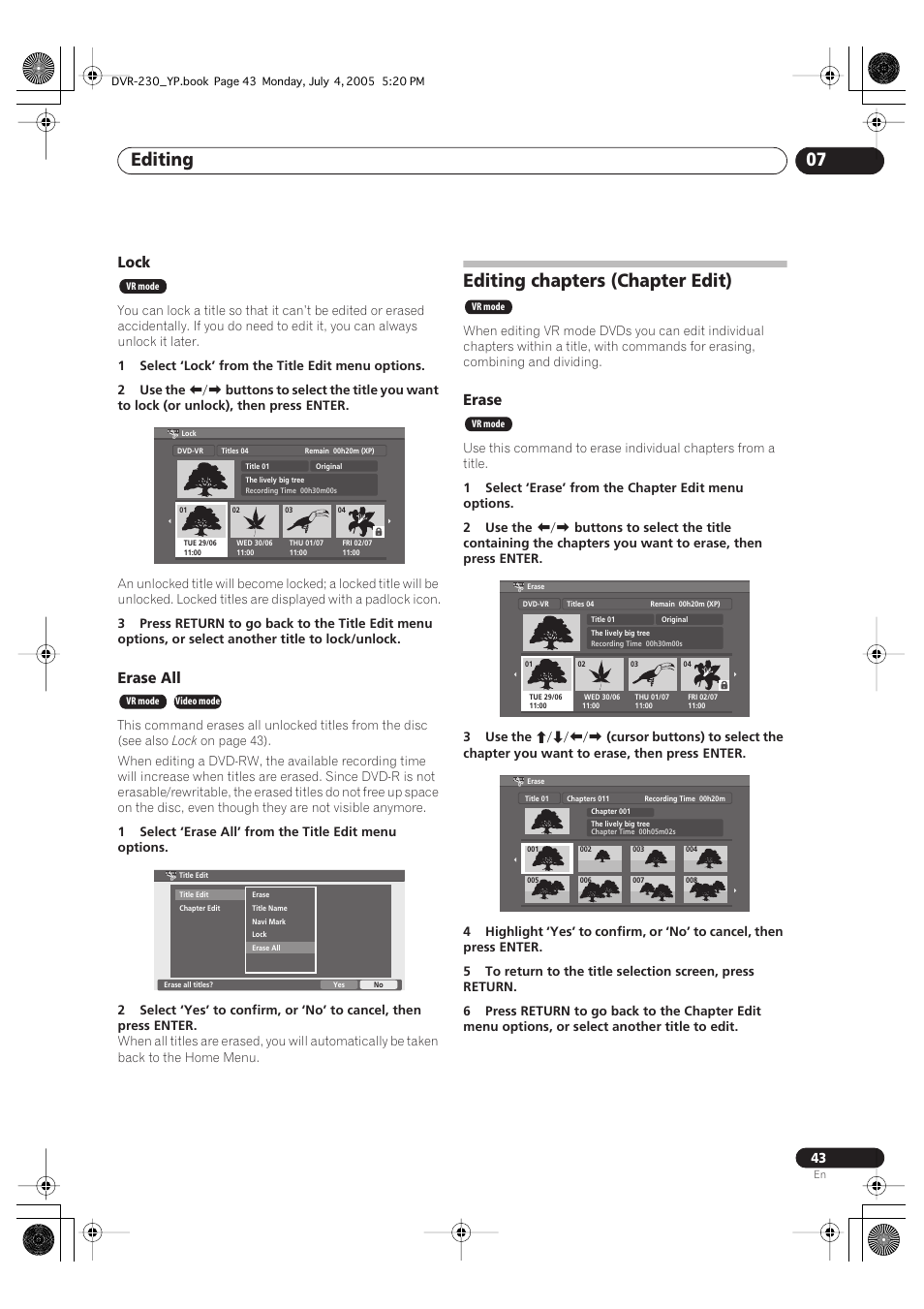 Editing chapters (chapter edit), Editing 07, Lock | Erase all, Erase | Pioneer DVR-230-S User Manual | Page 43 / 72