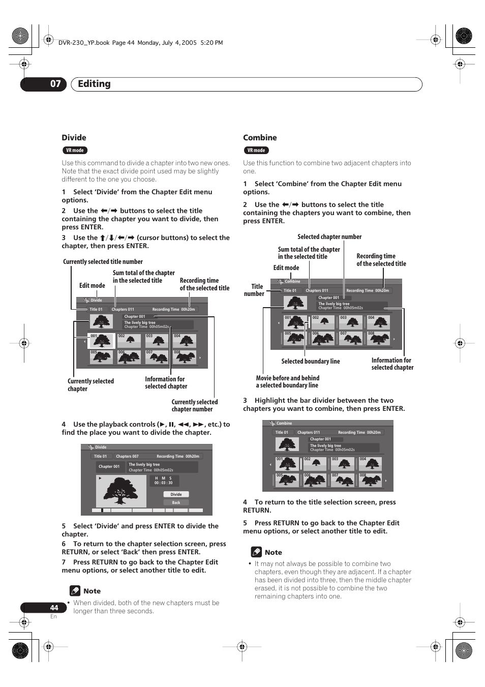 Editing 07, Divide, Combine | Pioneer DVR-230-S User Manual | Page 44 / 72