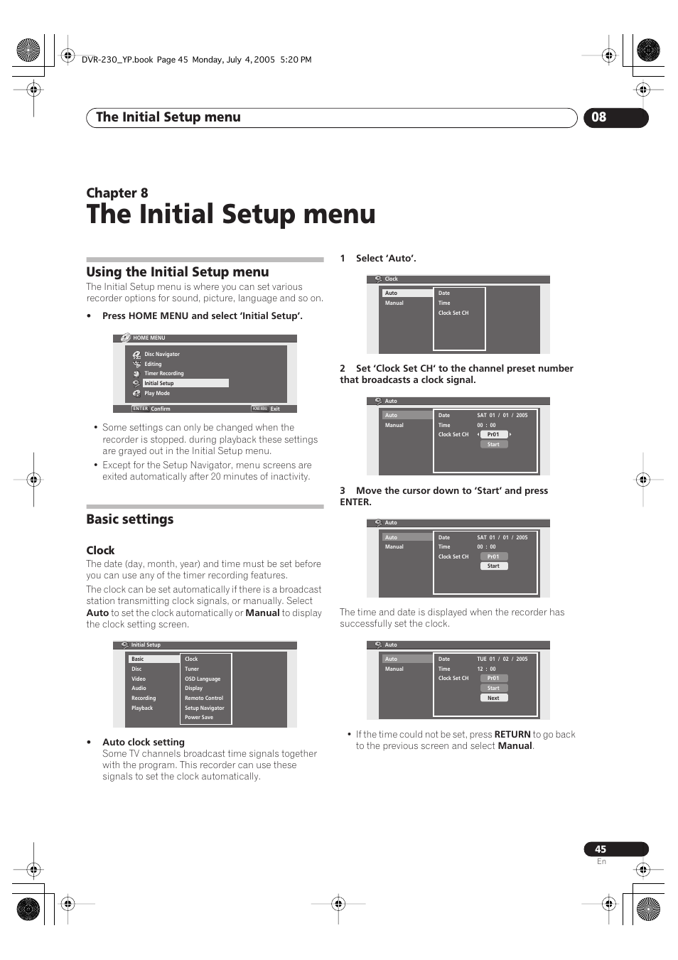 08 the initial setup menu, Using the initial setup menu, Basic settings | The initial setup menu, The initial setup menu 08, Chapter 8, Clock | Pioneer DVR-230-S User Manual | Page 45 / 72