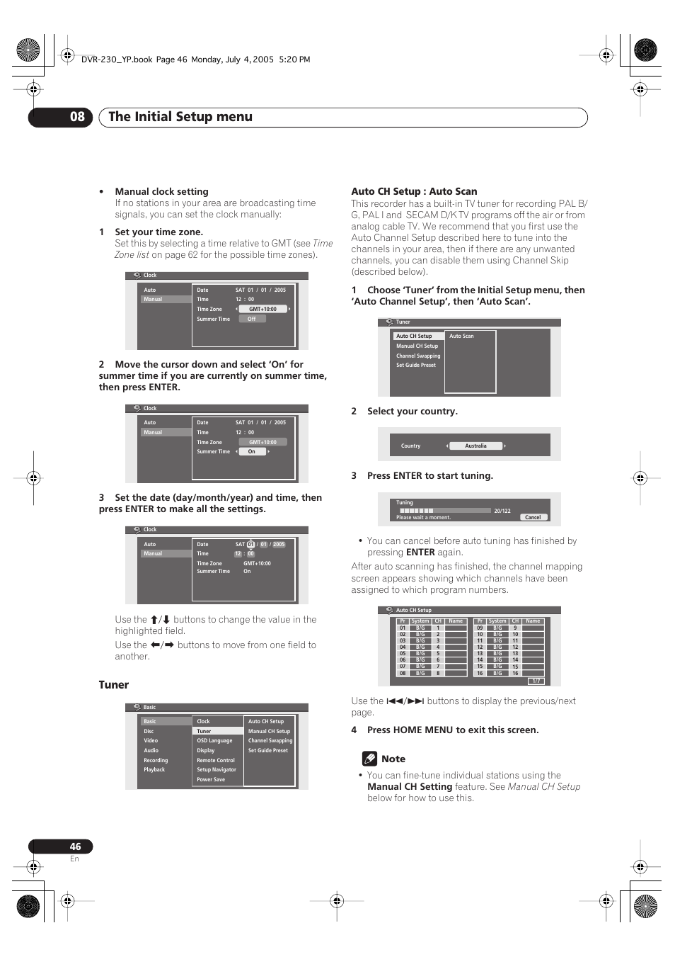 The initial setup menu 08, Tuner | Pioneer DVR-230-S User Manual | Page 46 / 72