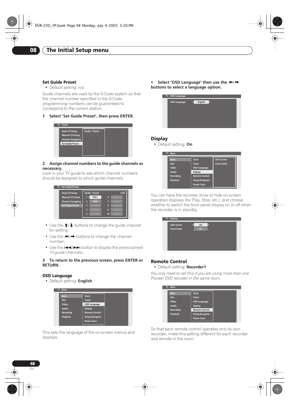The initial setup menu 08, Display, Remote control | Pioneer DVR-230-S User Manual | Page 48 / 72