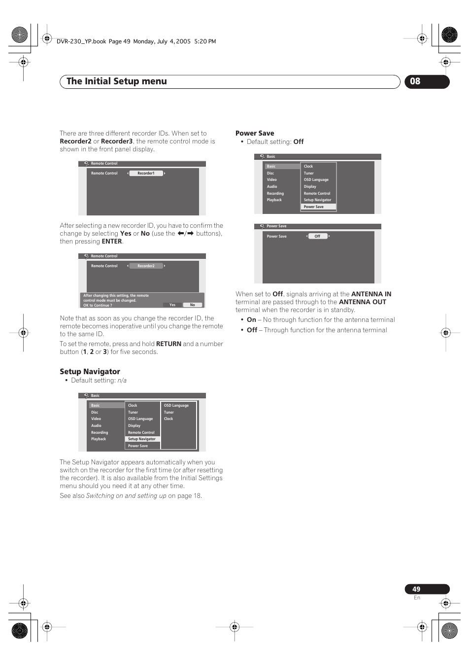 The initial setup menu 08, Setup navigator | Pioneer DVR-230-S User Manual | Page 49 / 72