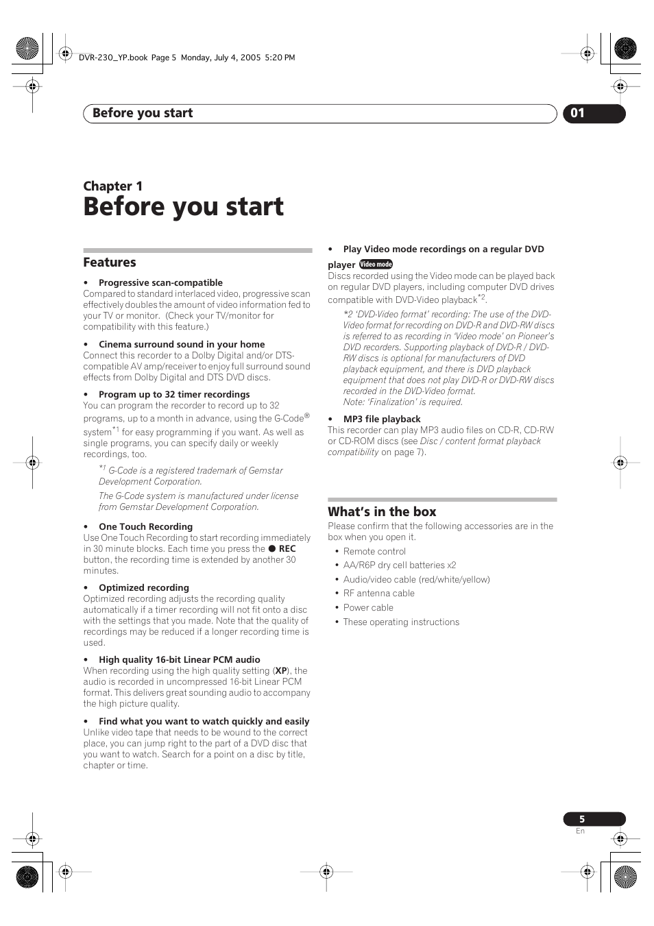 01 before you start, Features, What’s in the box | Before you start, Before you start 01, Chapter 1 | Pioneer DVR-230-S User Manual | Page 5 / 72