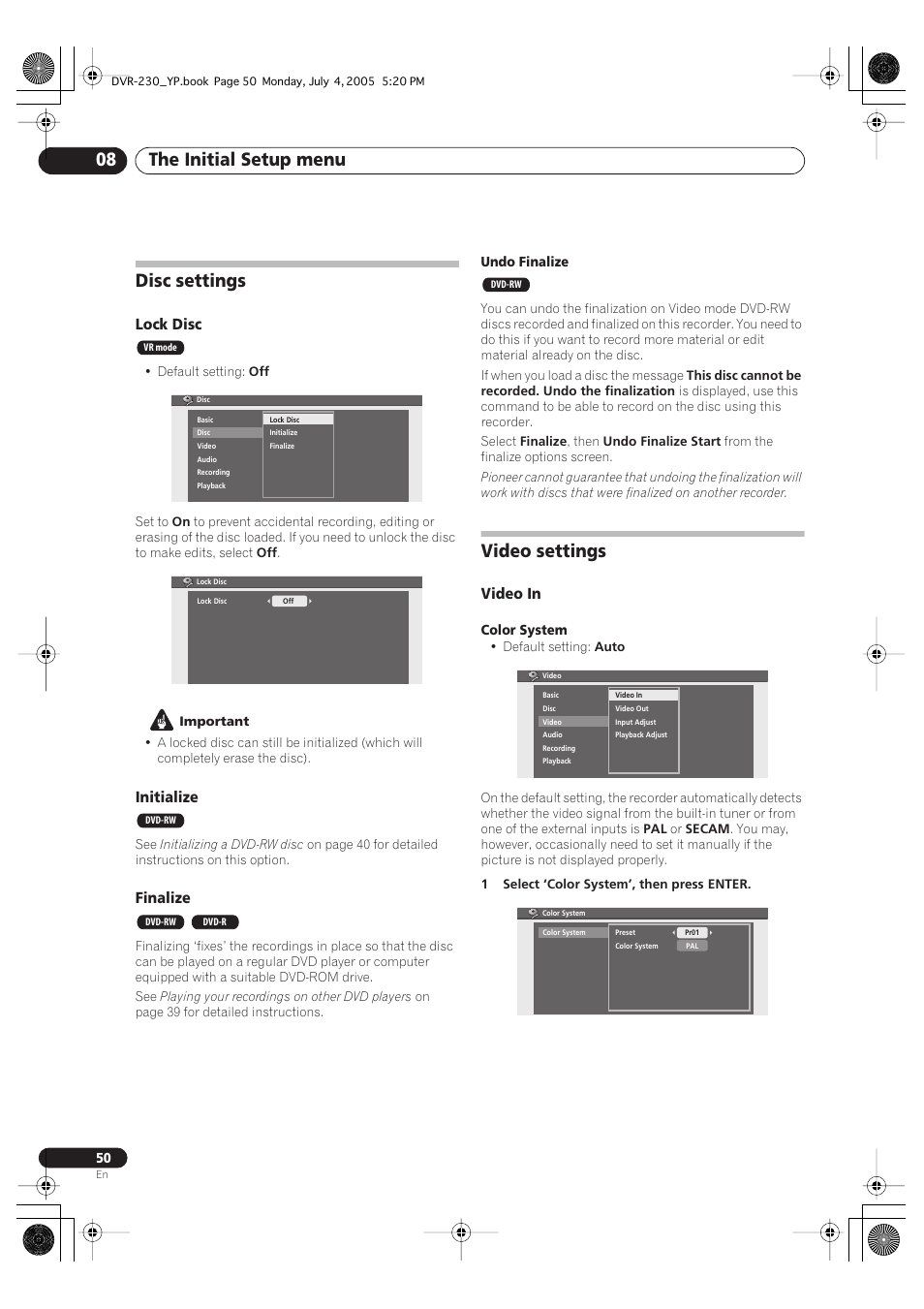 Disc settings, Video settings, The initial setup menu 08 | Lock disc, Initialize, Finalize, Video in | Pioneer DVR-230-S User Manual | Page 50 / 72