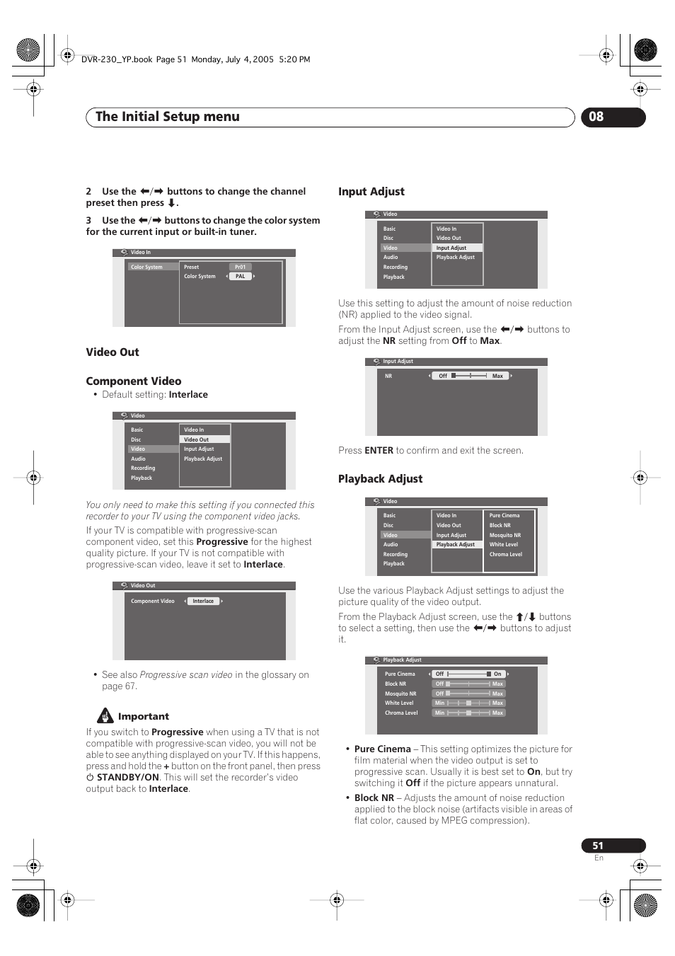 The initial setup menu 08, Video out component video, Input adjust | Playback adjust | Pioneer DVR-230-S User Manual | Page 51 / 72