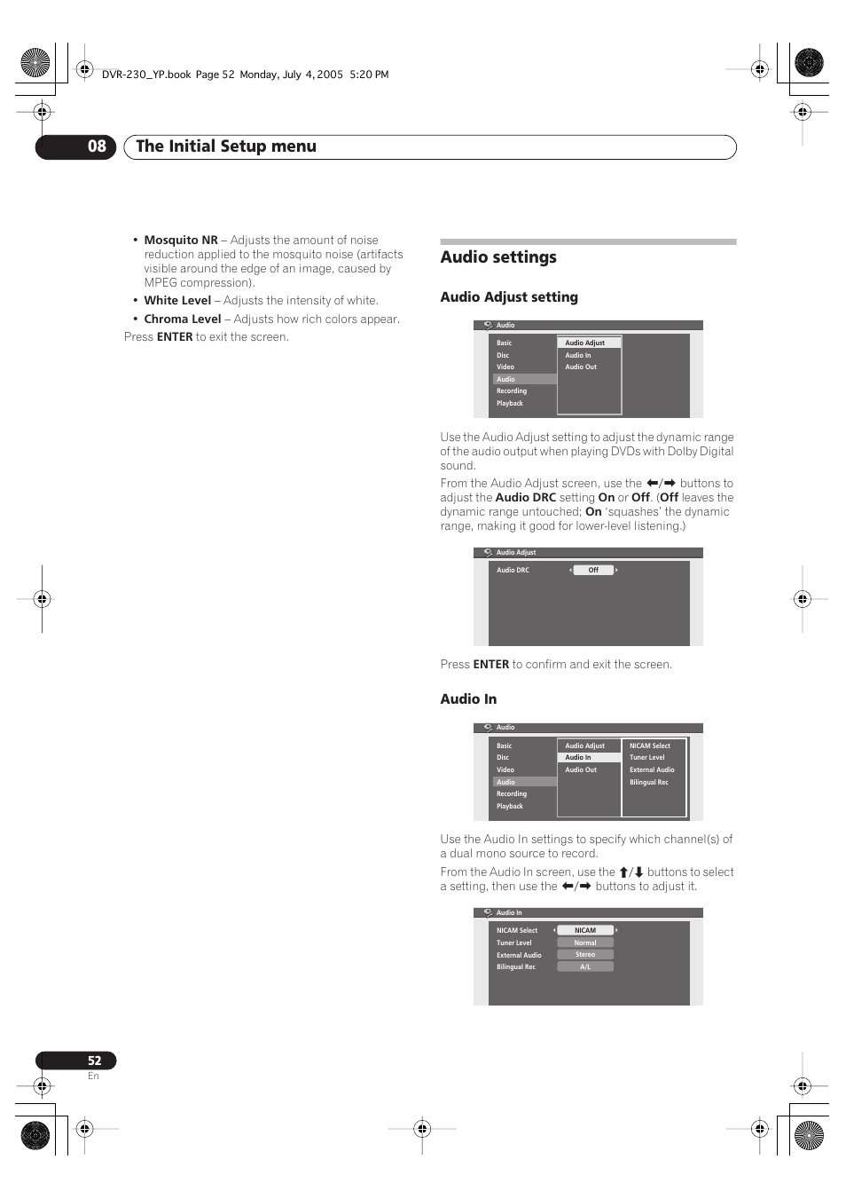 Audio settings, The initial setup menu 08, Audio adjust setting | Audio in | Pioneer DVR-230-S User Manual | Page 52 / 72