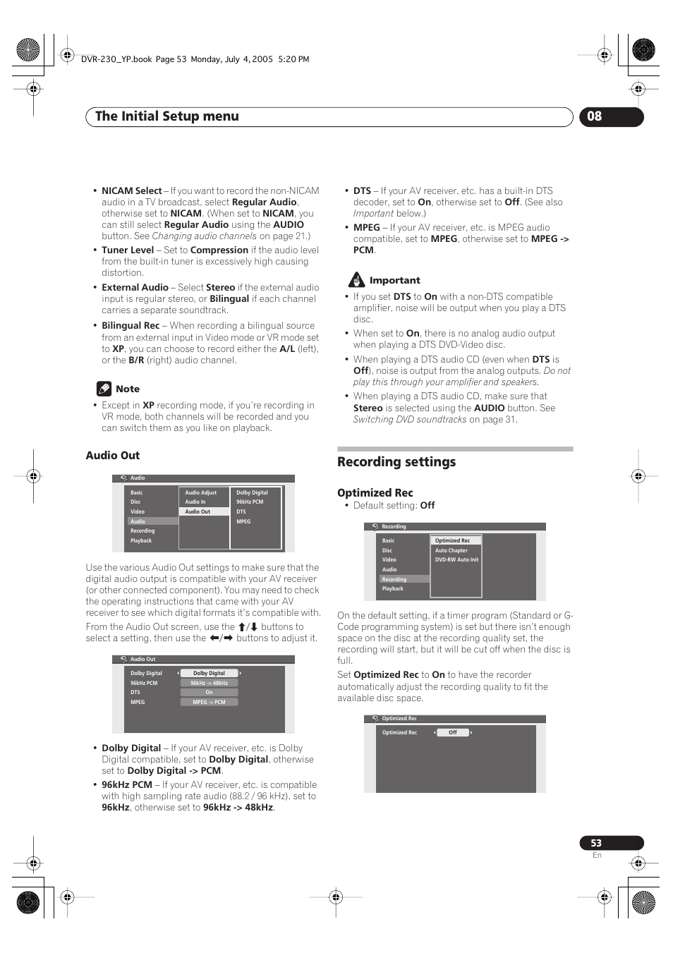 Recording settings, The initial setup menu 08 | Pioneer DVR-230-S User Manual | Page 53 / 72