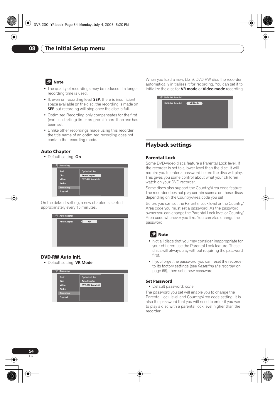Playback settings, The initial setup menu 08, Auto chapter | Dvd-rw auto init, Parental lock | Pioneer DVR-230-S User Manual | Page 54 / 72