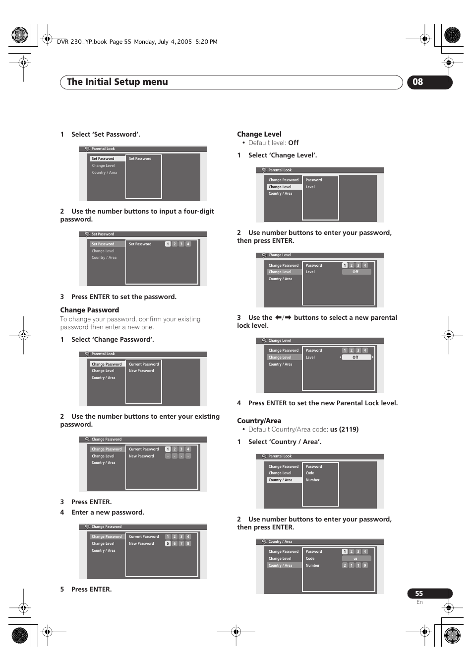 The initial setup menu 08, Change password, Change level | Country/area | Pioneer DVR-230-S User Manual | Page 55 / 72