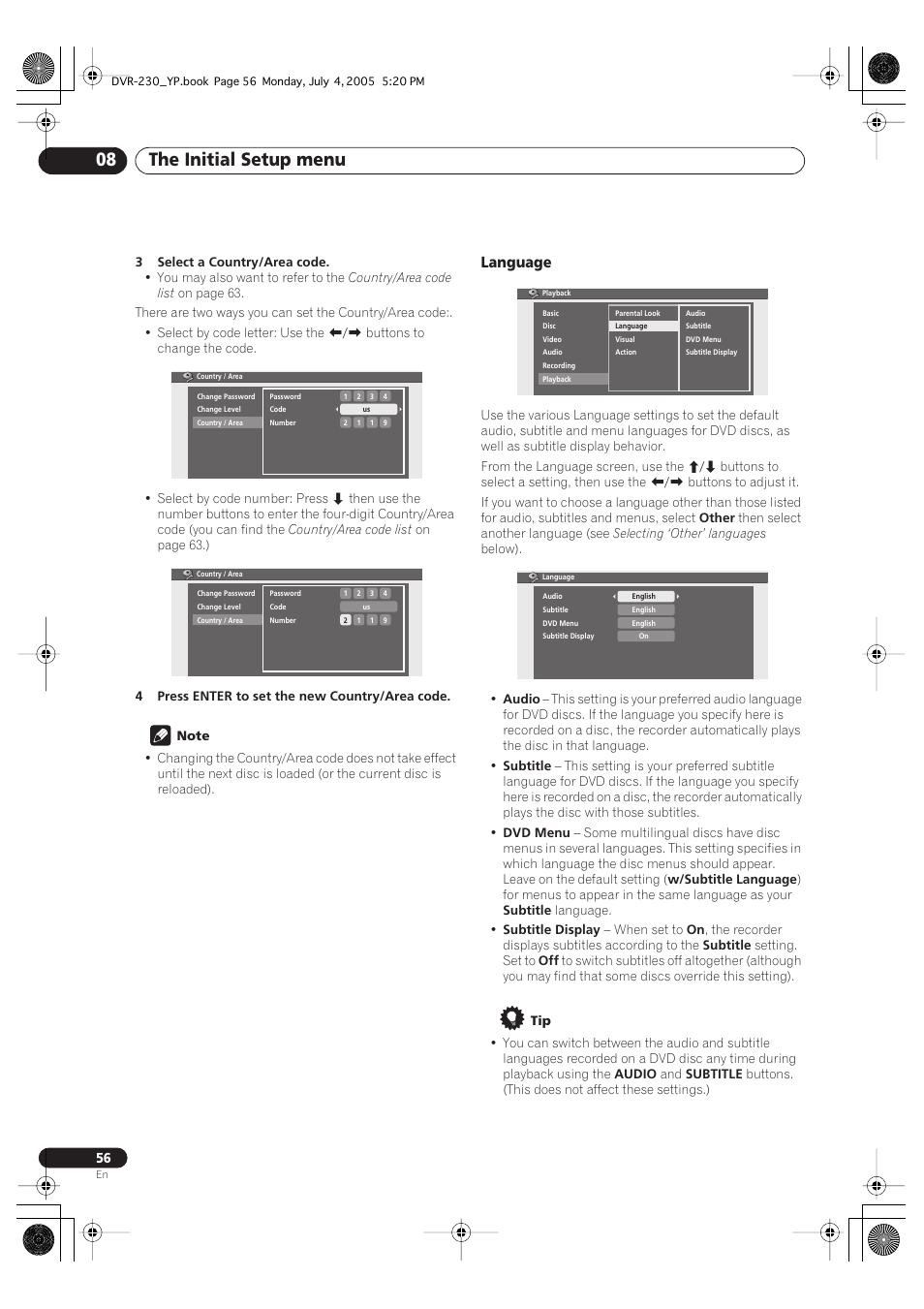 The initial setup menu 08, Language | Pioneer DVR-230-S User Manual | Page 56 / 72