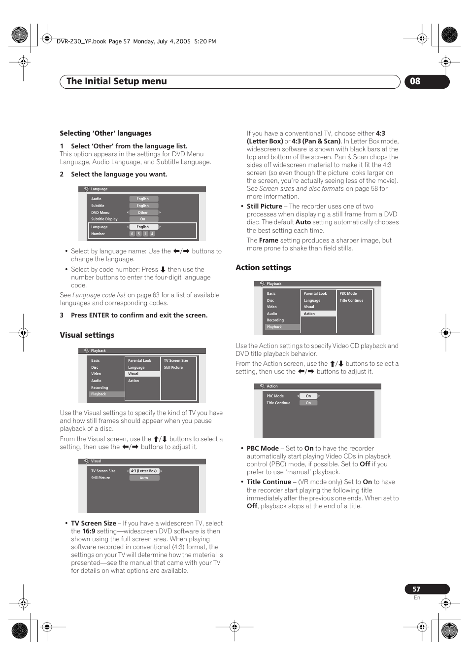 The initial setup menu 08, Visual settings, Action settings | Pioneer DVR-230-S User Manual | Page 57 / 72