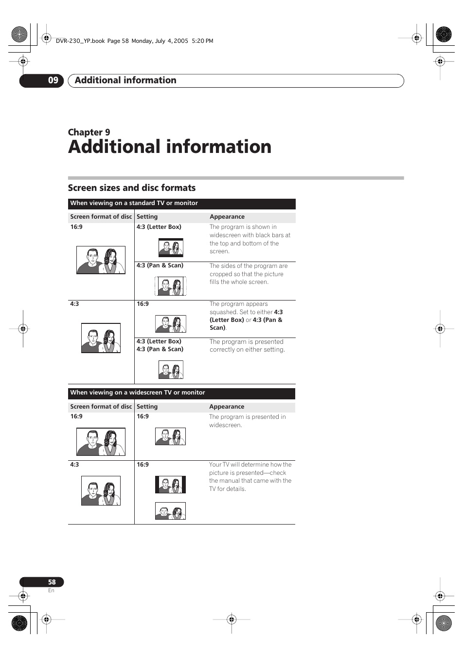 09 additional information, Screen sizes and disc formats, Additional information | Additional information 09, Chapter 9 | Pioneer DVR-230-S User Manual | Page 58 / 72