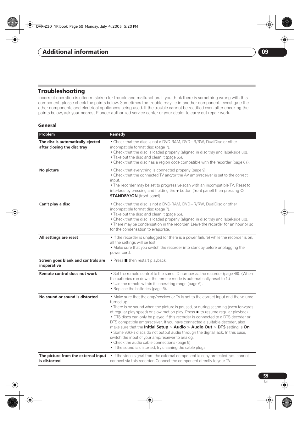 Troubleshooting, Additional information 09 | Pioneer DVR-230-S User Manual | Page 59 / 72